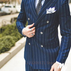 Formal Navy Blue Suits Double Breasted Pinstripe Peak Lapel Design 2 Piece Jacket Pants Set Costume Homme Male Clothing Blazer