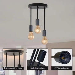 1 Pack Retro Industrial Chandelier with 3 E27 Lamps for Living Room Kitchen Pendant Modern Design Lighting Without Bulbs