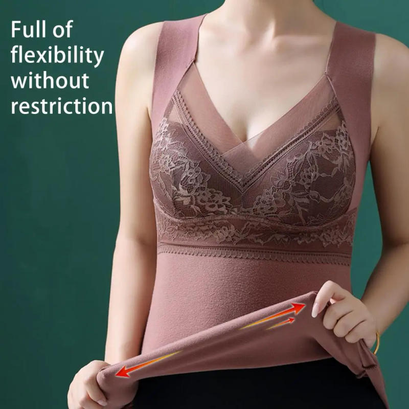 Description Picture 5 of itemDarlon Lining Bra Camisole Embroidery Lace Women Thermal Bra Seamless Push Up Chest Pads V-Neck Thermal Vest Winter Underwear