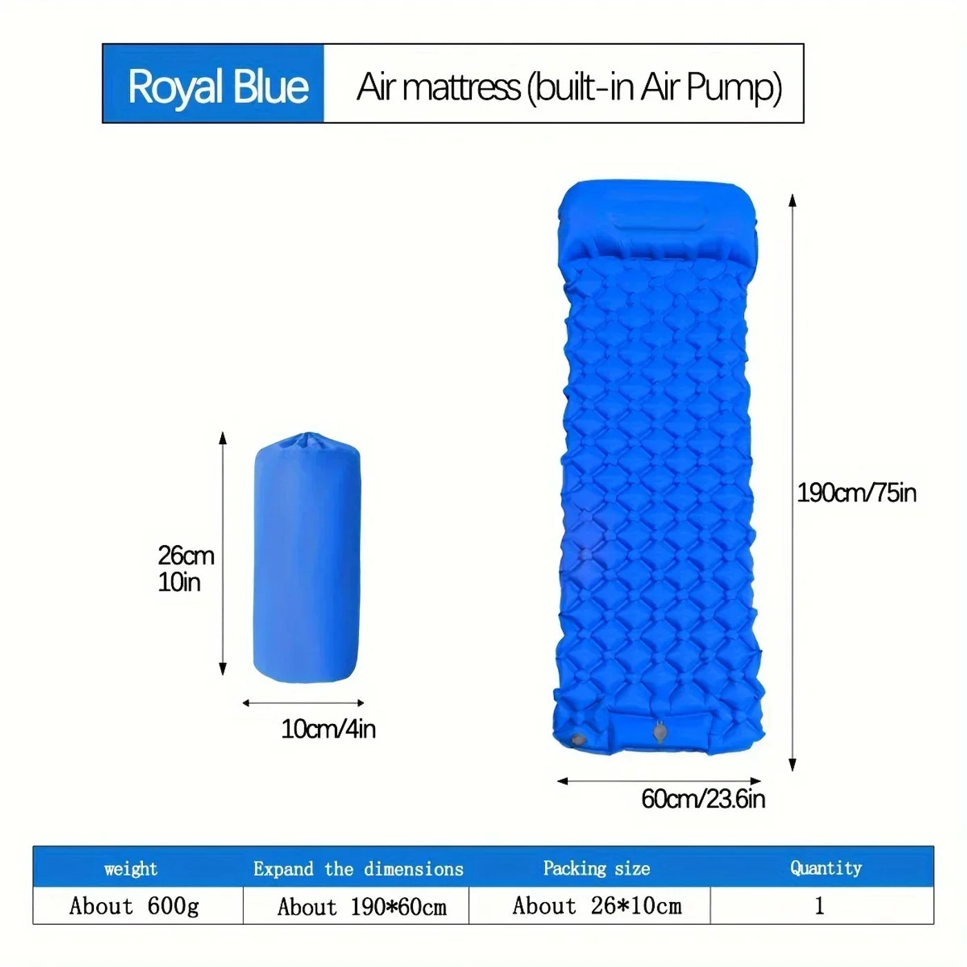 Description Picture 6 of itemOutdoor Camping Inflatable Mattress Sleeping Pad With Pillows Ultralight Air Mat Built In Inflator Pump Hiking