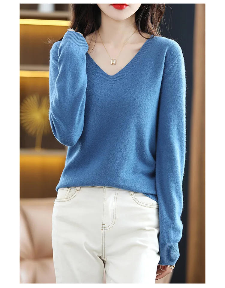 Description Picture 6 of itemWomen Sweater 2024 Spring Autumn Warm Winter Slim Fit Bottoming Shirt  V-neck Korean Knitted Tops Casual High Strecth Jumpers