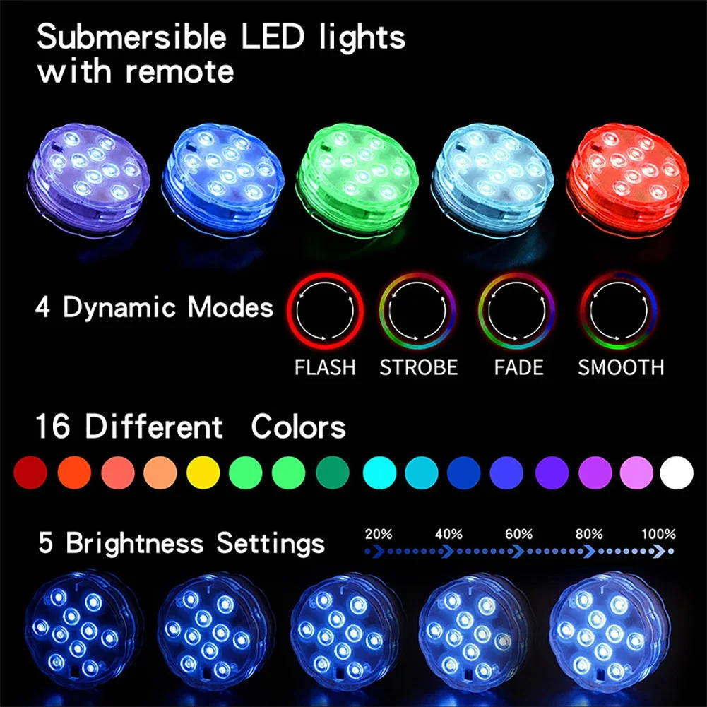 Description Picture 3 of item3/10leds RGB Led Submersible Light Underwater Night Lamp Battery Operated Garden Swimming Pool Light for Wedding Party Vase Bowl