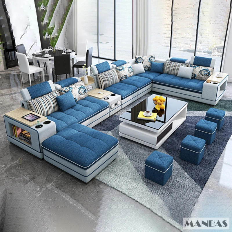 Description Picture 2 of itemMANBAS Modern Fabric Sofa Set with Bluetooth Speaker Sound System - Living Room Sofas Big U Shape Corner Cloth Couch with Stools