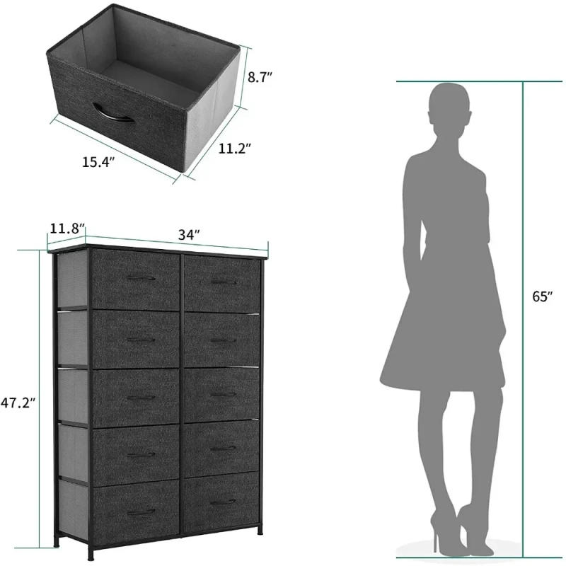 Description Picture 3 of itemBOUSSAC 10 Drawers Dresser Fabric Storage Tower Cabinet Bin  Organizer, Black Grey   Organizer Chest