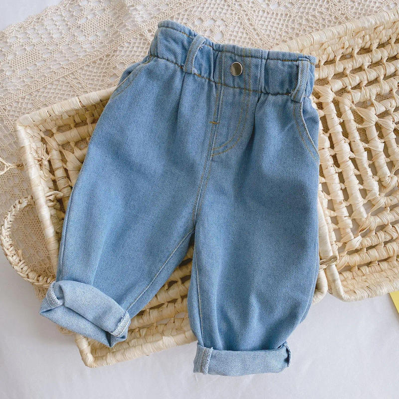 Description Picture 6 of item2025 Spring New Baby Loose Denim Pants Solid Kids Casual Pants Boys Jean Fashion Girls Trousers Infant Big Pp Pants Baby Clothes