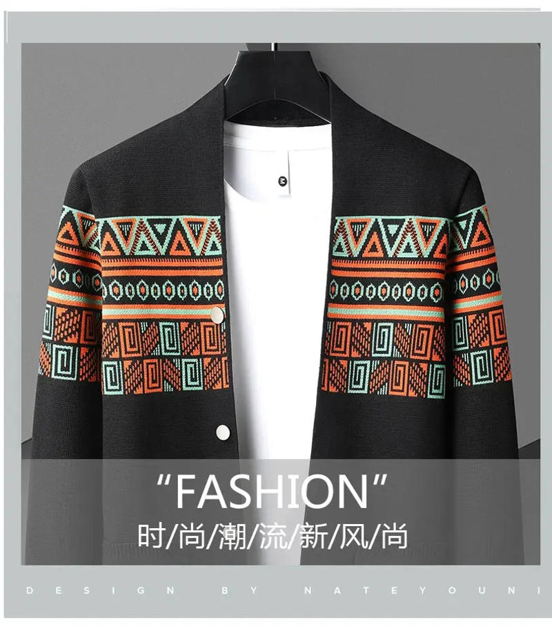 Description Picture 4 of itemHigh end retro ethnic style knitted cardigan men's autumn 2024 new brand trend jacquard shawl casual versatile sweater coat