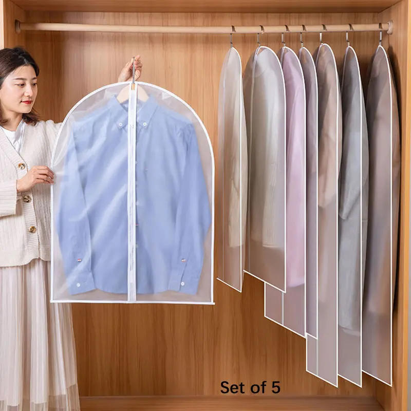 Description Picture 2 of item5PCS  Semi Transparent Dustproof Garment Hanging Bag Fully Enclosed Clothes Cover with Zipper Matte Clothing Bag for Coat Suit ﻿