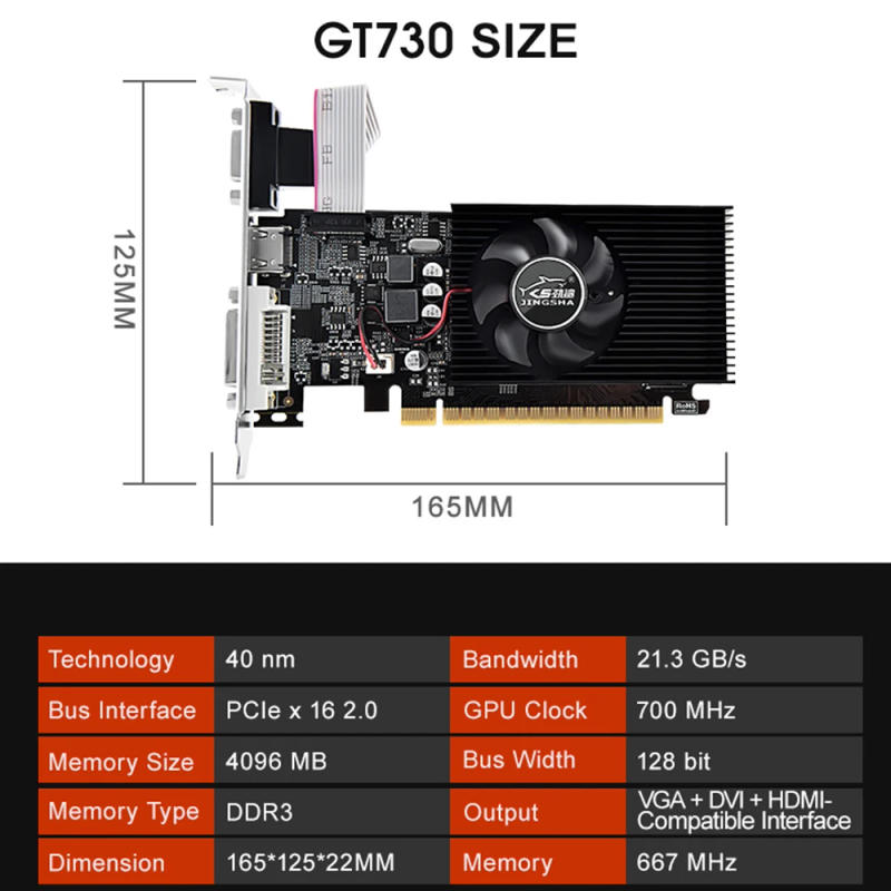 Description Picture 6 of itemJINGSHA GT730 Graphics Card 4GB/GDDR3/128bit Memory 700MHz Core Frequency Compatible with VGA+DVI+HDMI Ports for Office Game