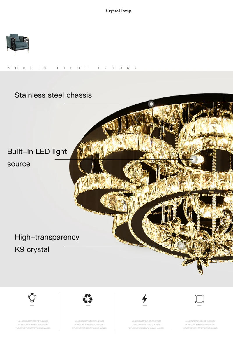 Description Picture 3 of itemNew crystal lamp living room light circular minimalist modern LED ceiling light atmospheric household bedroom lighting