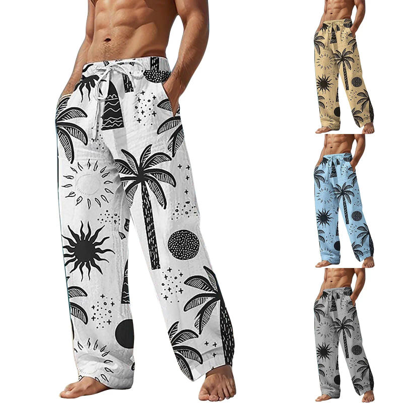 Description Picture 2 of itemMen'S Sun Coconut Tree Printed Long Pants Beach Pants Casual Mens Volley Shorts Small Board Short And Bathing Suit Mesh Short