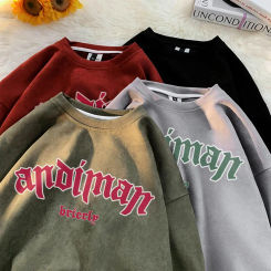 Suede Fabric Harajuku Men Sweatshirts Drop Shoulder Letter Graphic O-neck Hoodies Fashion Hip Hop Streetwear Male Pullovers