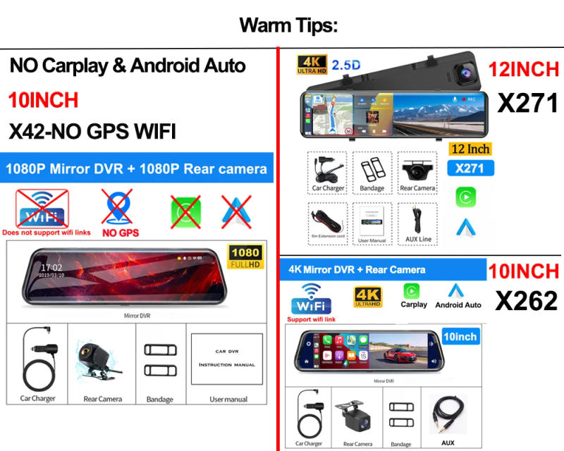Description Picture 2 of item4K Rearview Mirror Carplay & Android AutoWifi Video Recorder 10/12Inch Dash Cam for Car DVR GPS Navigation Reversing Camera