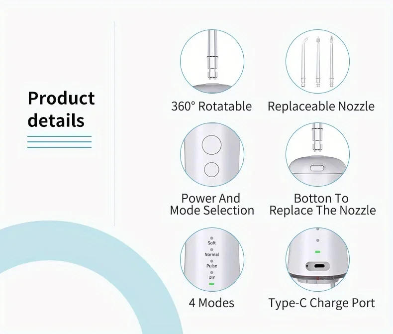 Description Picture 6 of itemOral Irrigator Portable Dental Water Flosser USB Rechargeable Water Jet Floss Tooth Pick 4 Jet Tip 350ml 4 Modes IPX7