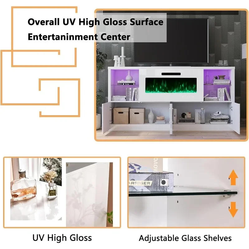 Description Picture 3 of item3 Piece Modern High Gloss Fireplace TV Stand + Bookcase Set Includes 68" TV Stand with 40" Fireplace, 2 X Bookcase w/ Doors