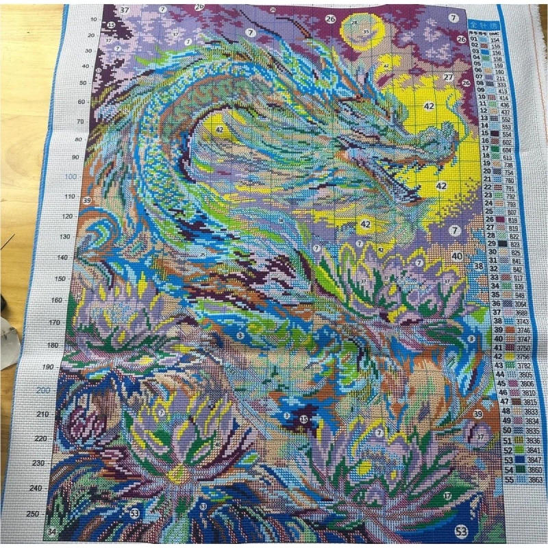 Description Picture 3 of item9ct 65X85cm Dragon and Phoenix Pre-Printed Cross Stitch DIY Embroidery Set Handicraft Floss Needle Crafts