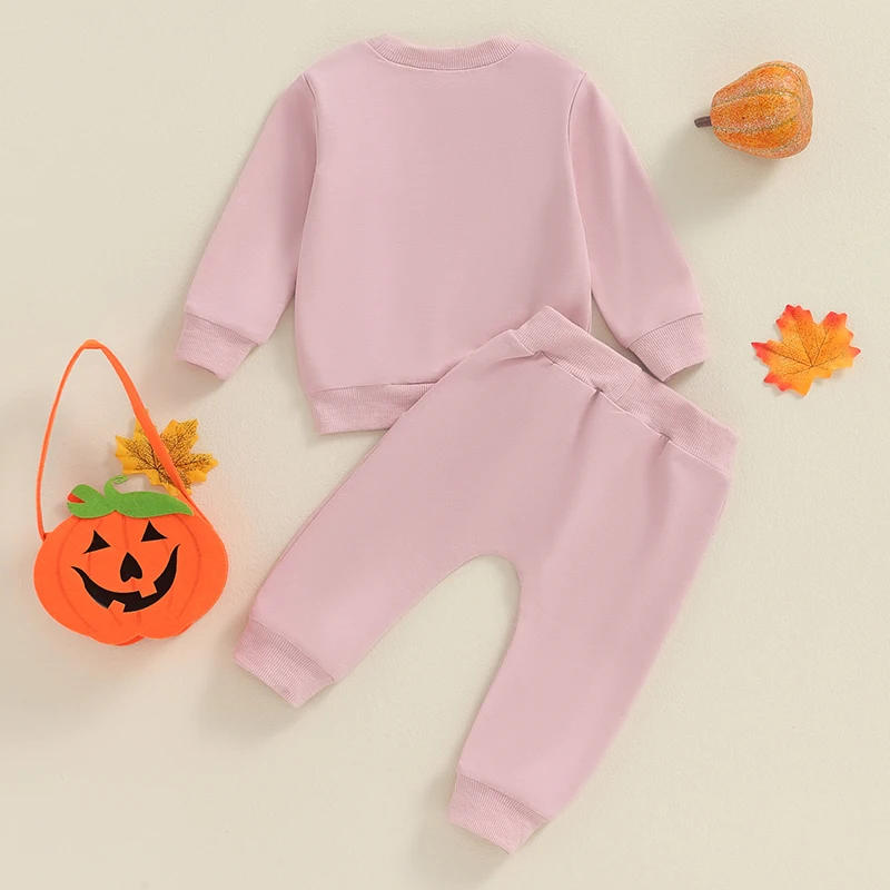 Description Picture 3 of itemLittle Girls Halloween Pants Sets Long Sleeve Ghost Checkerboard Print Tops Solid Color Pants Sets