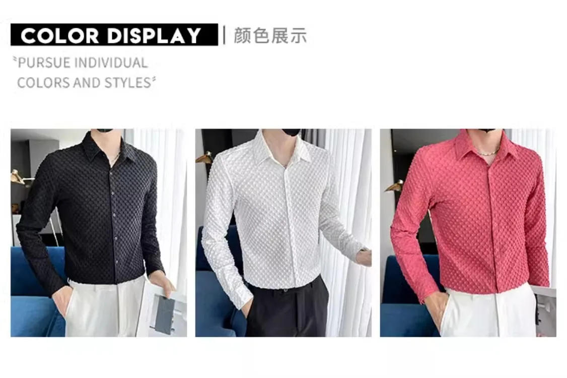 Description Picture 3 of itemBrand Solid Color Shirt Men's 2024 Spring Long Sleeve Slim Casual Business Dress Shirt Social Party Tuxedo Blouse Men Clothing