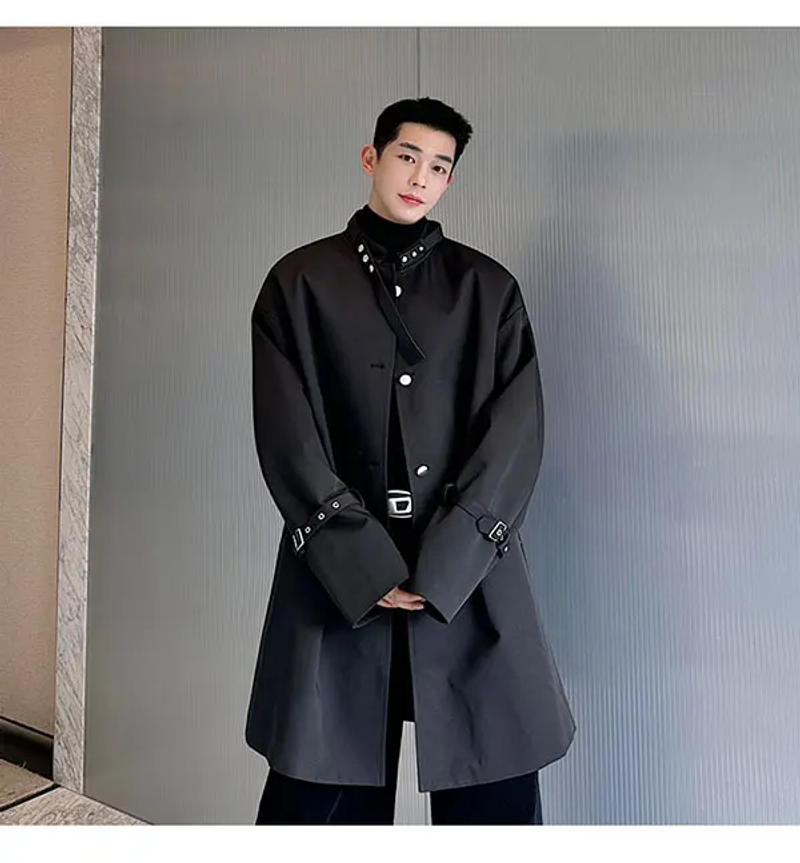 Description Picture 4 of itemLUZHEN 2024 Stylish New Elegant Original Leather Strap Ins Neck Design Long Trench Coat Men's Trendy Loose Windbreaker LZ1898