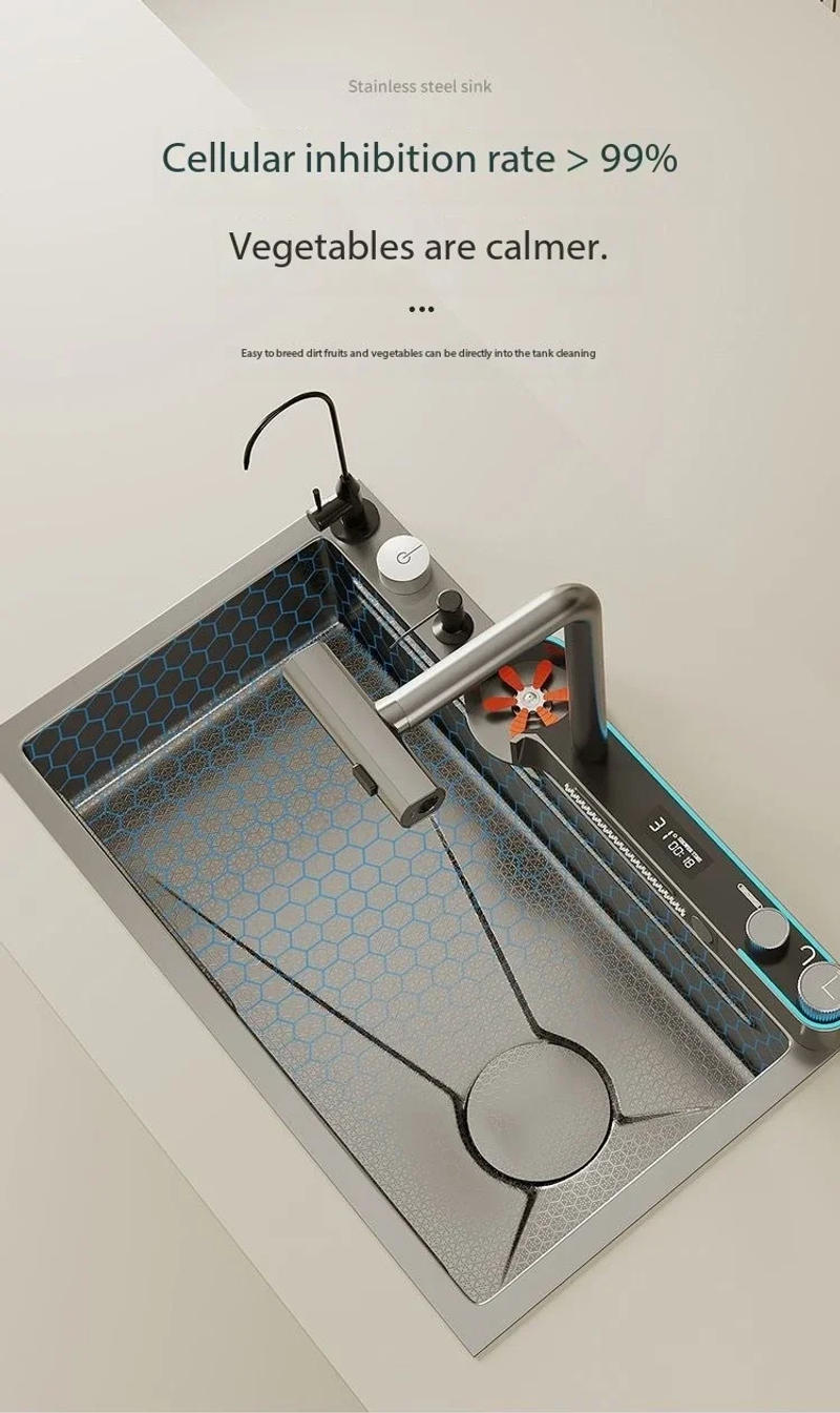 Description Picture 4 of itemNew product Stainless Steel Waterfall Kitchen Sink Embossed Large Single Slot Integrated Digital Display Faucet Set Wash Basin