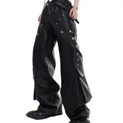 Punk Style Avant-Garde Metal Rivet Techwear Tooling PU Leather Pants Large Pocket Wide Leg Loose Bell-Bottom Pants Trousers Men