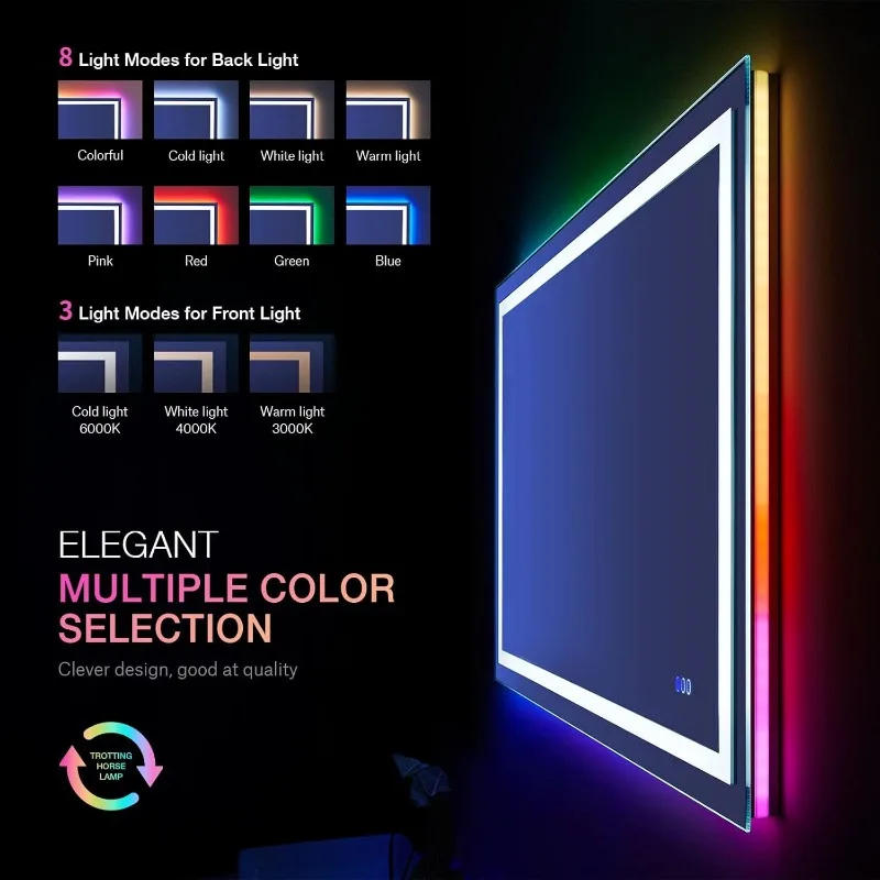 Description Picture 4 of item48"X28" LED Bathroom Mirror with Lights Anti-Fog Dimmable RGB Backlit + Front Lighted Bathroom Vanity Mirror for Wall