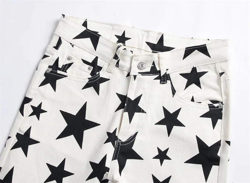 Description Picture 6 of itemFive-Pointed Star Printed Jeans Men's Fashion High-End Men's Clothing Personality Slim Fit Stretch Skinny Casual White Trousers
