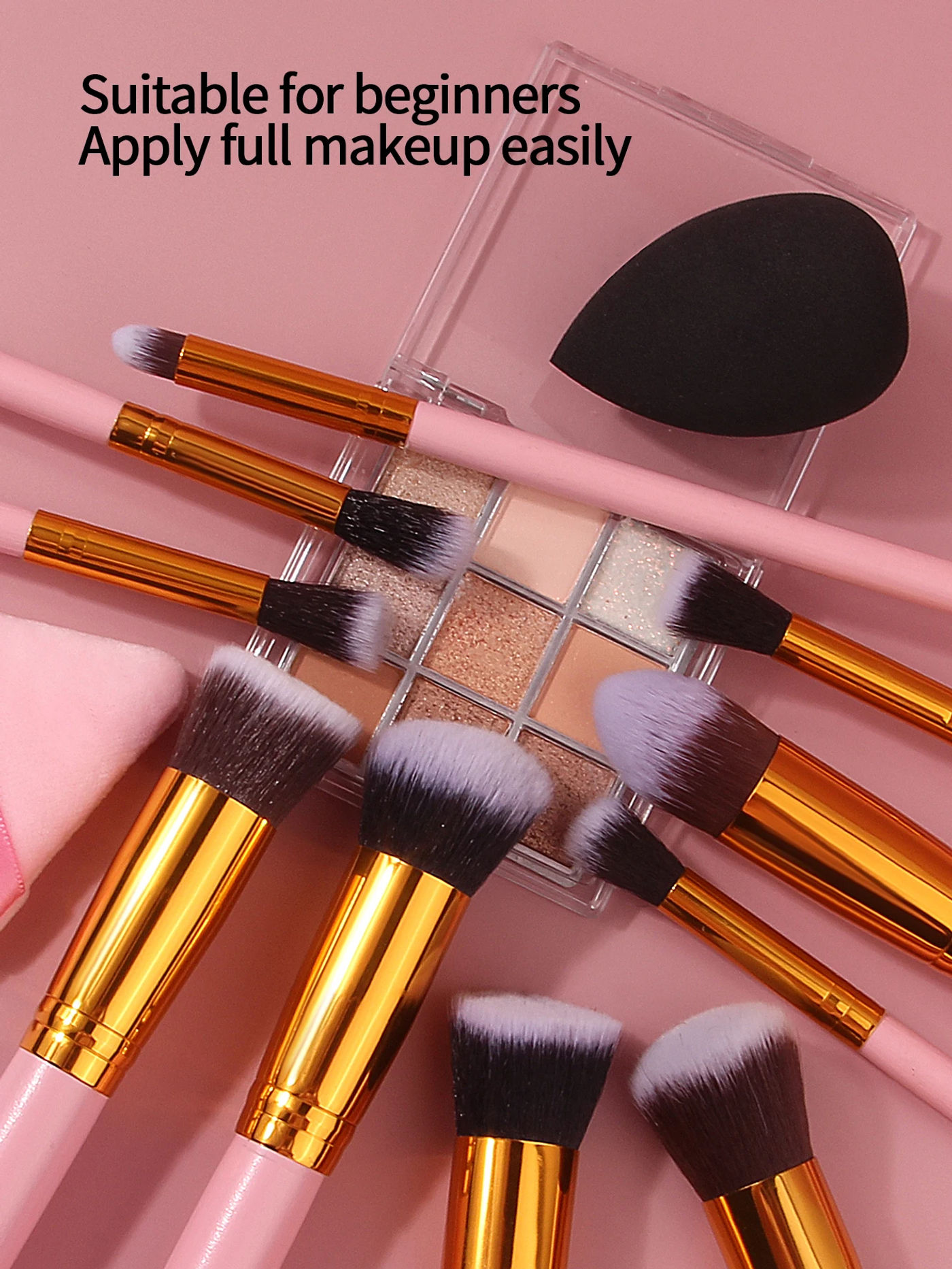 Description Picture 5 of itemPink 10pcs wooden handle makeup brush set with triangular powder puff & sponge egg soft bristles, a beginner's daily makeup tool