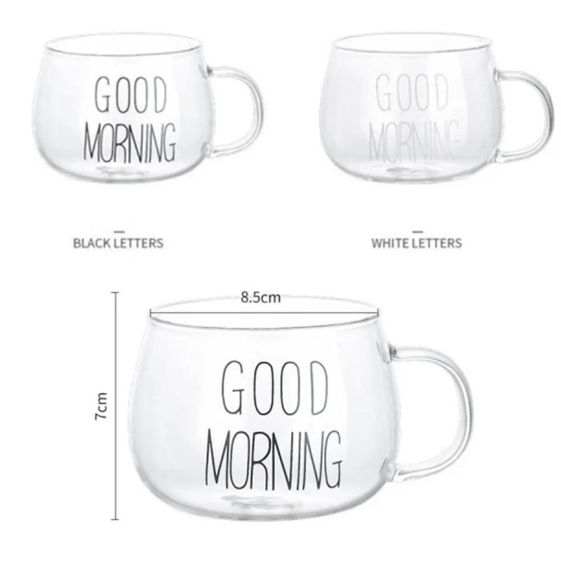 Description Picture 2 of item1Pc Round Transparent Glass Clear Mug Cup Milk Coffee Glass Letter Printing Drinkware With Handle For Tea Juice Breakfast