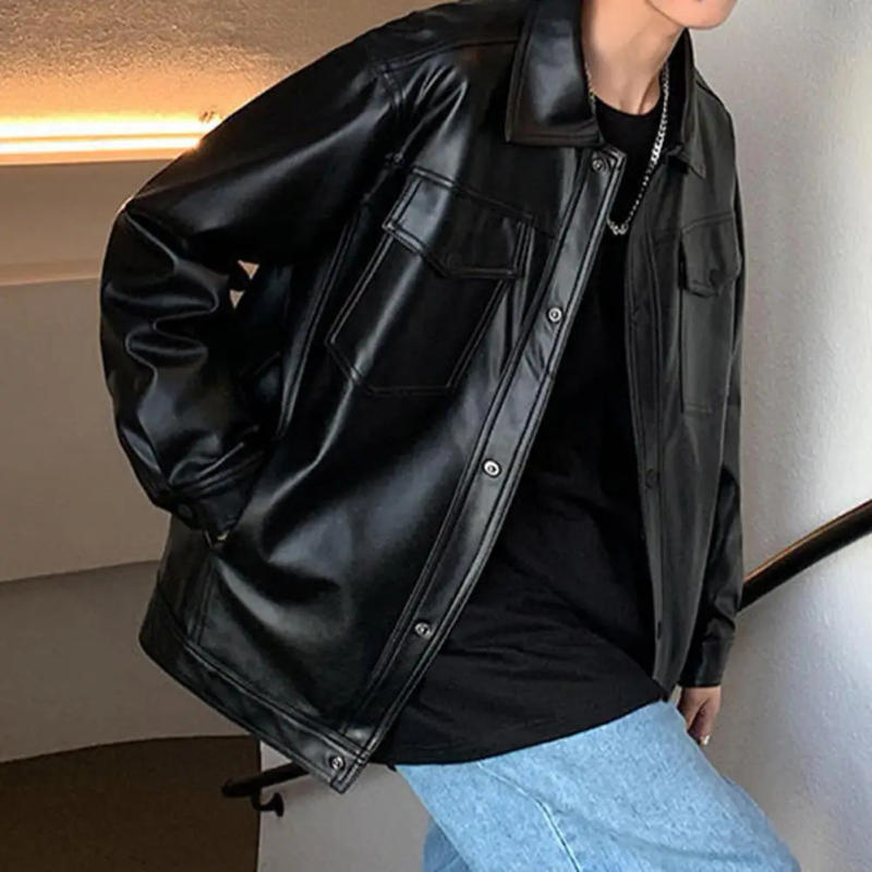 Description Picture 5 of itemMen Casual Jacket Stylish Men's Faux Leather Jacket with Turn-down Collar Button Closure Breast Pocket for Spring Fall for Male