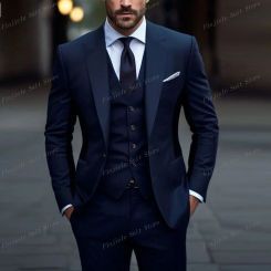 Male Navy Blue Men Suit Business Prom Groom Groomsman Wedding Party 3-Piece Set Formal Occasions Tuxedo Jacket Vest Pants
