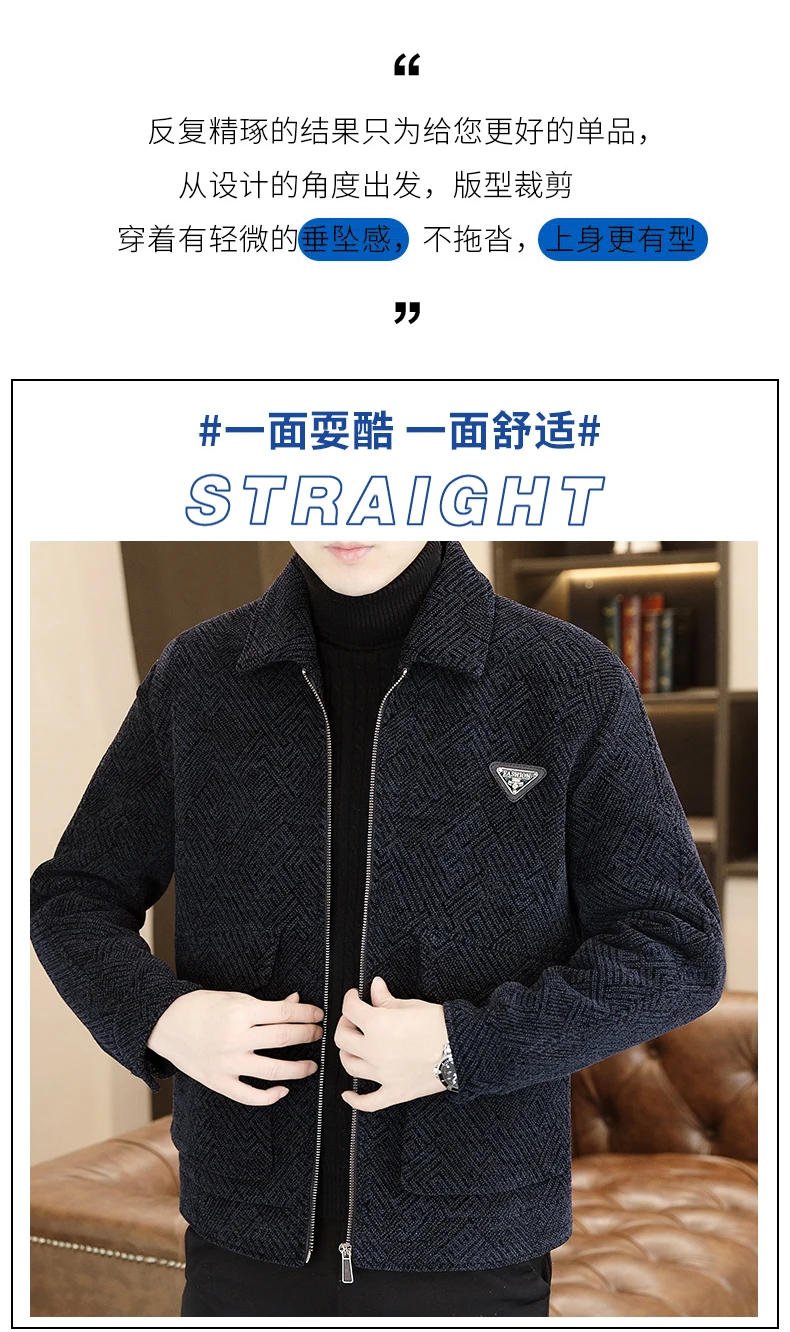 Description Picture 3 of item2023 Winter Check Plush Thick Woolen Jacket Men Fashion Warm Casual Business Wool Blends Coats Lapel Social Streetwear Overcoat