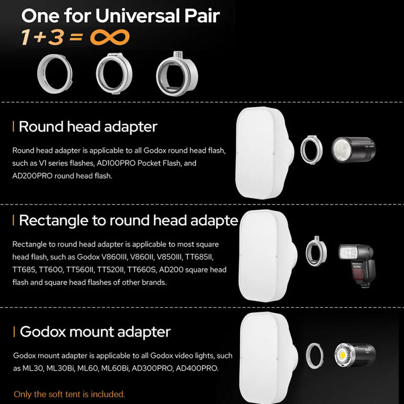 Description Picture 5 of itemGodox ML-CS1625/ML-CD15 Soft Tent Kit 3 Adapters for Photography Light Flash Studio Photography Portrait Fill light Accessories