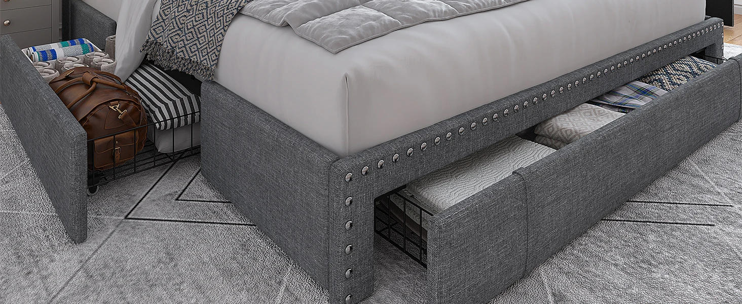 Description Picture 3 of itemBed Frame with 3 Storage Drawers,Queen Size Bed Frame with Headboard, Upholstered Platform Bed Frame Queen Size with Storage