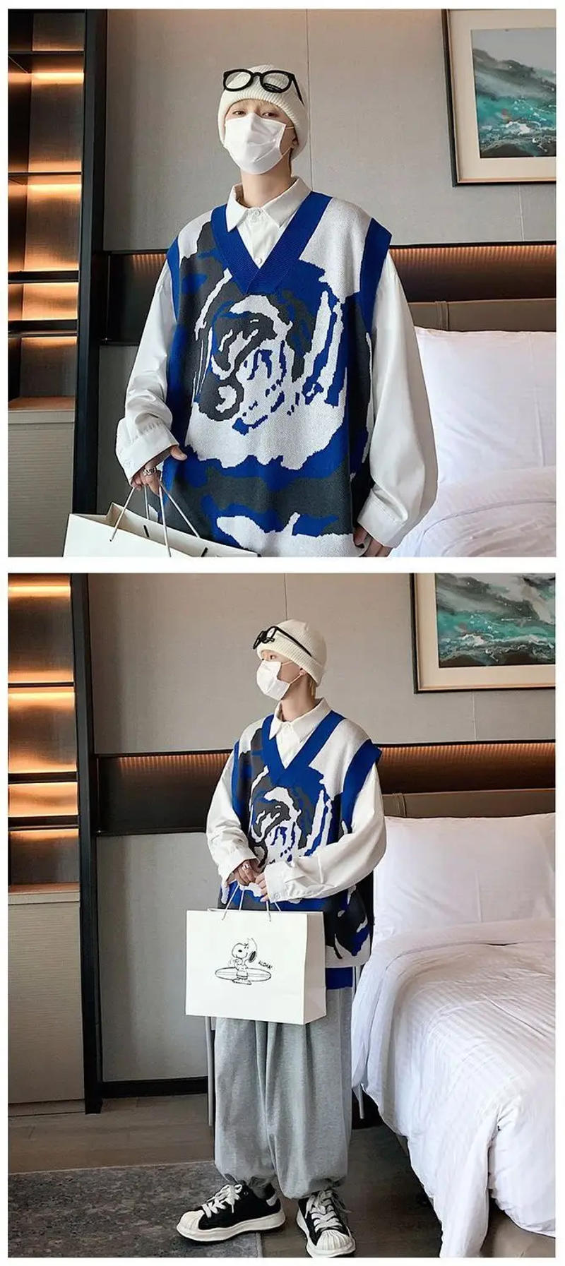 Description Picture 5 of itemSweater Vest Men Thicken V-neck Sleeveless Knitted Sweaters Vests Retro Preppy-style Chic Loose Casual All-match 2023 C26