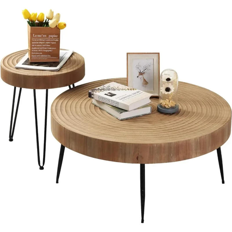 Description Picture 2 of itemFarmhouse Round Coffee Table Set of 2, Cocktail Table Set, Modern Circle Natural Wood Finsh Side and End Table Sets