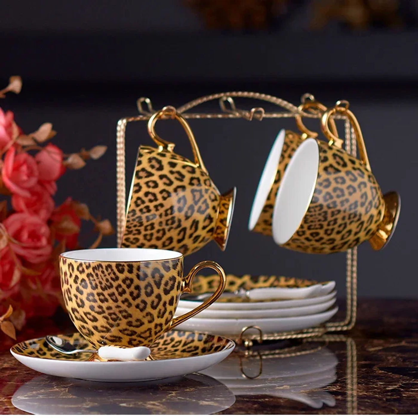 Description Picture 5 of itemLeopard Print Bone China Coffee Set Luxury Porcelain Tea Set Pot Cup Ceramic Mug Sugar Bowl Creamer Teapot Drinkware Coffeeware