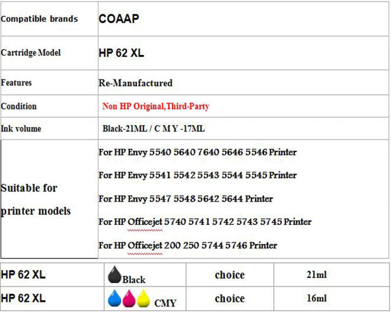 Description Picture 3 of itemRefillable 62XL Ink Cartridge for Compatible hp ENVY 5540 5541 5542 5543 5544 5545 5546 5547 5548 All-in-One Printer