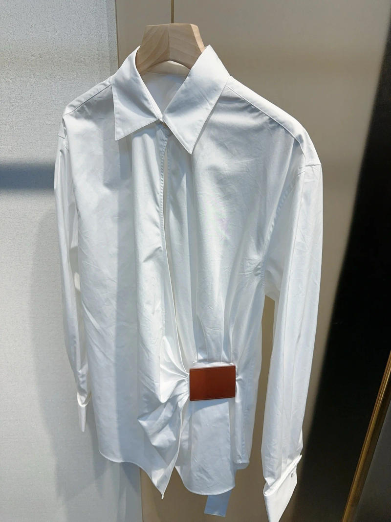 Description Picture 3 of itemwomen ladies embossed leather label asymmetrical design pleated shirt long blouse cotton top