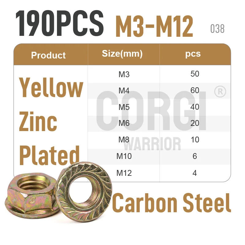 Description Picture 6 of itemZinc Plated Carbon Steel Serrated Flange Hex Lock Nuts Kit M3 M4 M5 M6 M8 M10 M12 87-190 304 Stainless Steel Serrated Flange Nut
