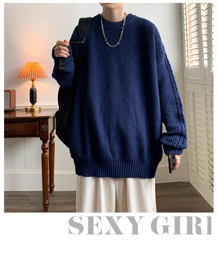 Description Picture 2 of item2024 Men's Autumn Winter Retro Long Sleeve Sweater Tops Male Oversize Loose Knitted Tops Men Solid Color Casual Pullovers S249