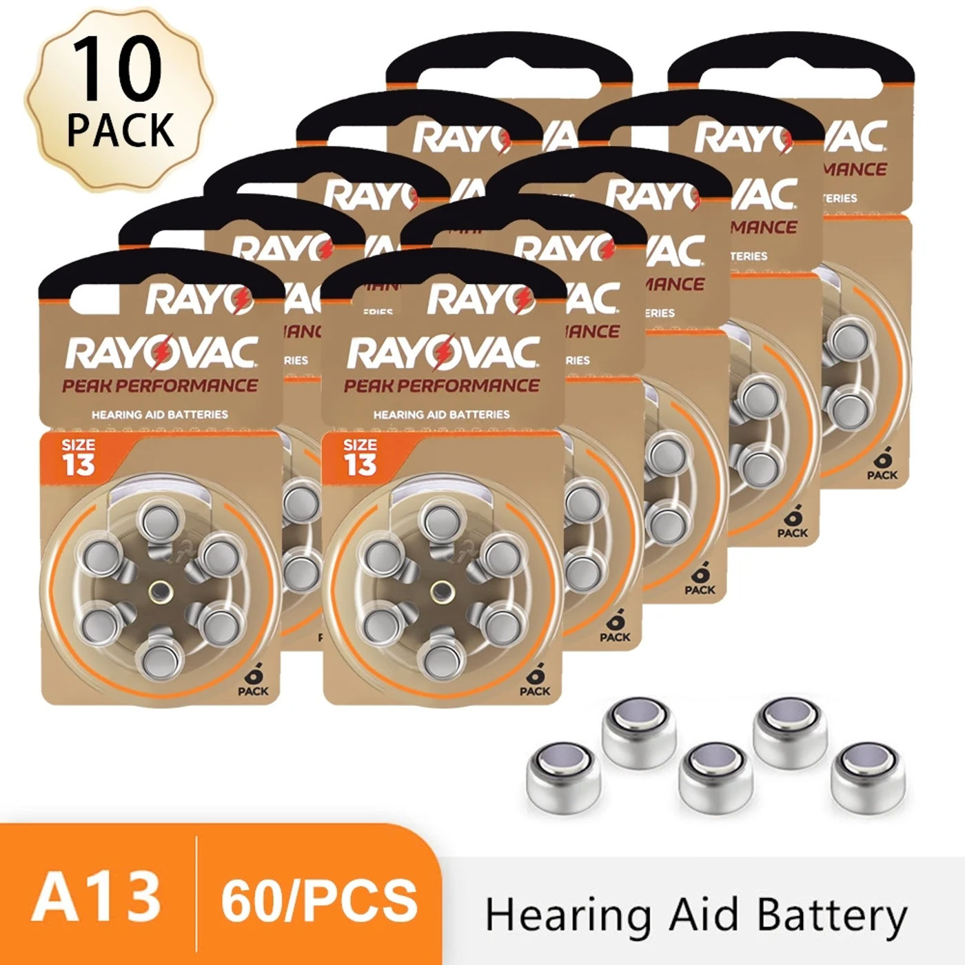 Description Picture 2 of itemHearing Aid Batteries 60PCS / 10 Cards RAYOVAC PEAK 1.45V 13A A13 13 P13 PR48 Zinc Air Battery For BTE CIC RIC OE Hearing Aids