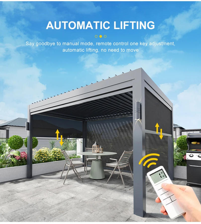 Description Picture 4 of itemAluminum Pergola Outdoor Motorized Louvers Pergola Gazebo With Electric Roller Blind