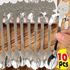 10/1x Stainless Steel Cat Coffee Spoon Mini Cute Cat Shaped Teaspoons Ice Cream Dessert Spoons Scoops Kitchen Tableware Gadgets