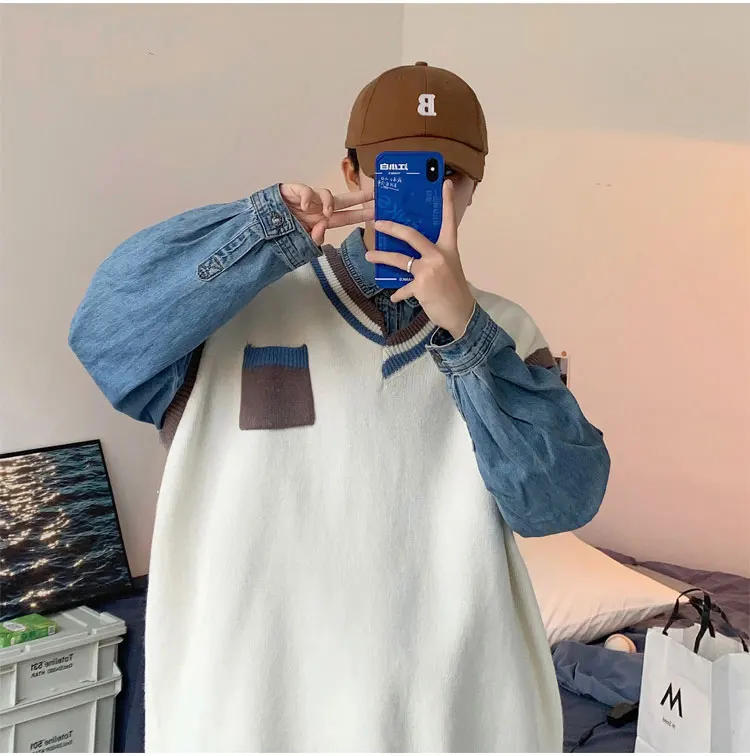 Description Picture 2 of itemSweater Vest Men Spring V-neck Japanese Vintage Contrast College Knitted Fashion Loose All-match Sleeveless Clothing V42