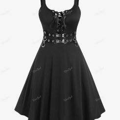 ROSEGAL Women's Plus Size Dresses Sleeveless Wrap Gothic Vintage 50S Swing Dress Soild Color Lace-Up Grommets High Waist Vestido
