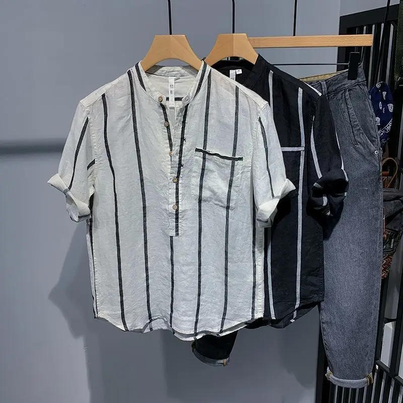 Description Picture 3 of itemKorean Fashion Striped Shirt Men's New Summer Short-sleeved Blouse Male Personalized Loose Large Size Tops Teenagers Trendy Tops