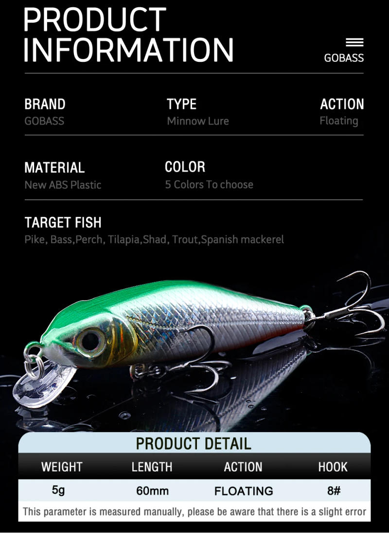 Description Picture 4 of itemGOBASS Fishing Lure Mini Floating Minnow Janpan Wobblers 60mm 5g Artificial Hard Baits Trout Pike Sea Bass Jerkbait Crank Tackle