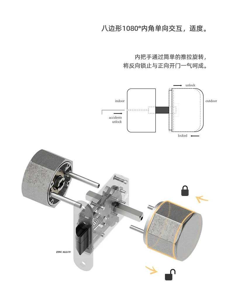 Description Picture 4 of itemGoo-Ki Octagonal Lock Knob Indoor Lock Set with Antique Knob Keyless Lock Toilet Door Lock Handle with Mute Cylinder for Bedroom