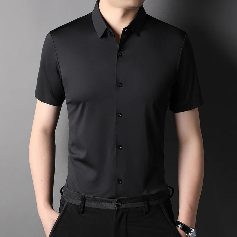 Description Picture 4 of itemMLSHP High Elasticity Summer Men's Shirts Luxury Short Sleeve Solid Color Seamless Business Casual Male Dress Shirts 4XL