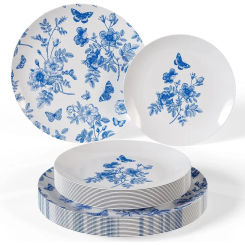 Disposable Plates Set 8 Inch Dessert Plates &10 Inch Disposable Plastic Wedding Party Plates White&Blue Floral Design